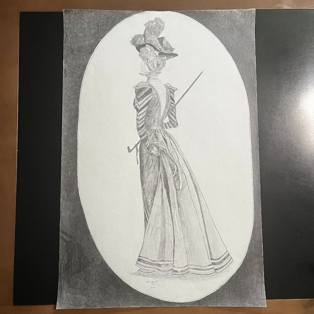 Victorian Woman Dress Hat Cane Graphite Pencil Paper Signed Elizabeth Dowdy 2016